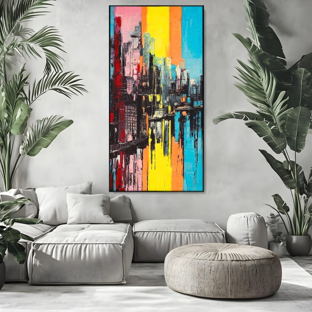 Tablou canvas cu tablou abstract cu cladiri si reflexii, in rama de aluminiu negru, pe perete intr-un living